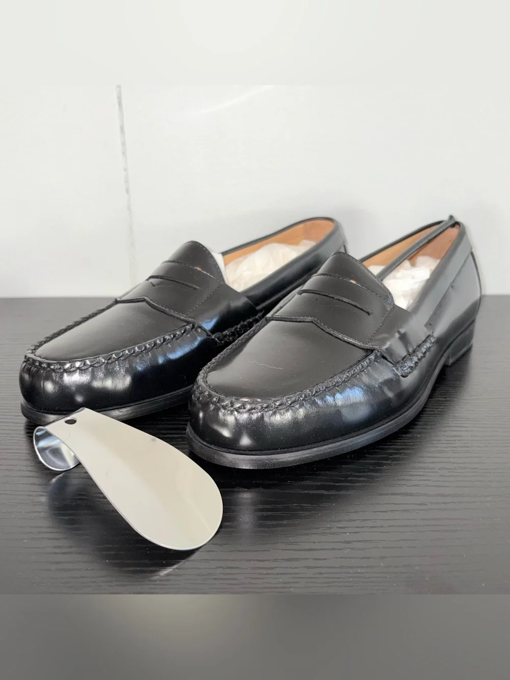 Johnston & Murphy Hayes Penny Loafers Black Sheepskin Leather Size 8.5 M NIB